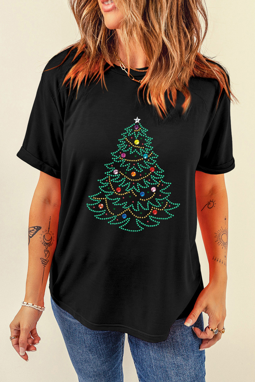 Black Rhinestone Christmas Tree Round Neck Graphic Tee - Aaria Tees Aaria Tees