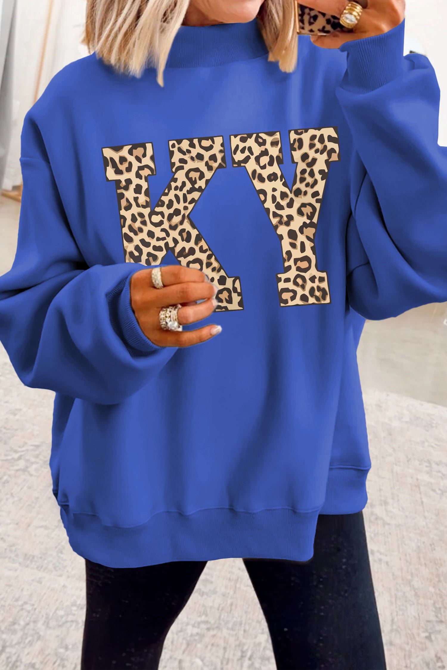 Dark Blue KENTUCKY Leopard KY Letter Print Reversible High Neck Sweatshirt - Aaria Tees Aaria Tees
