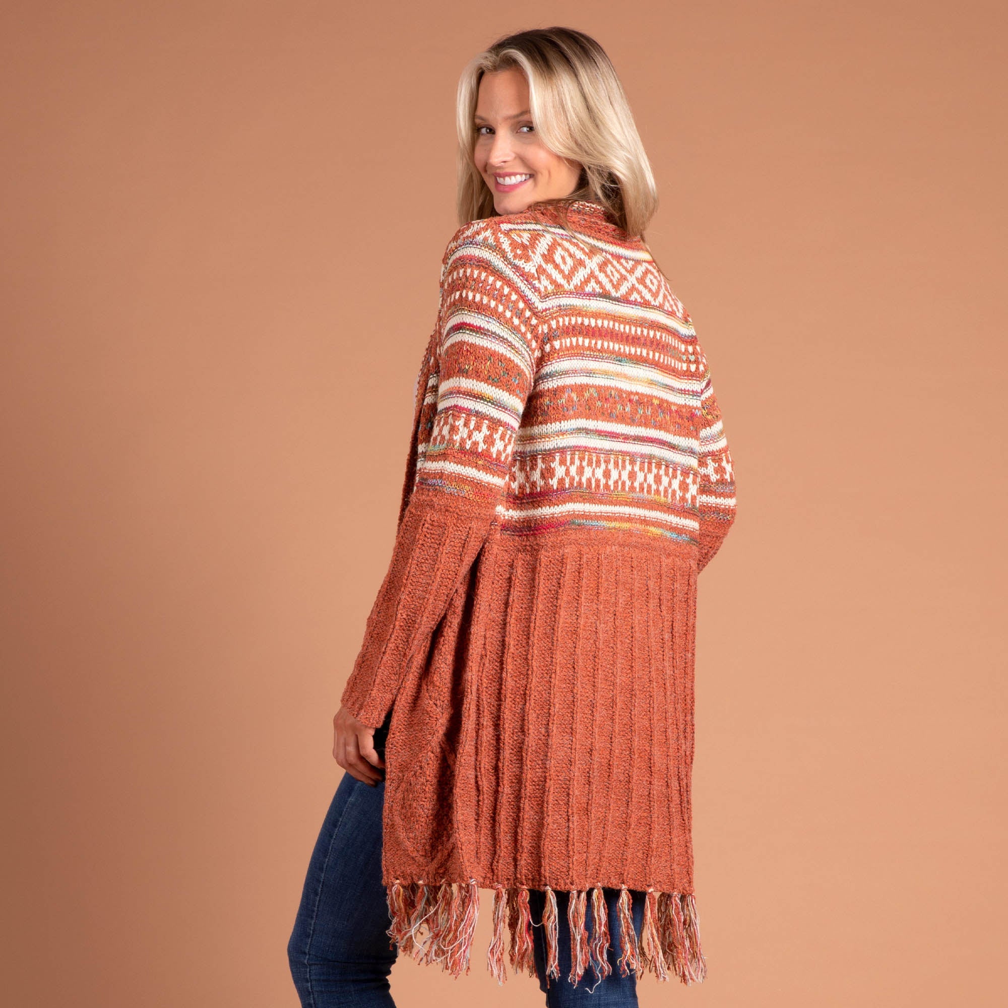 Upper Striped Duster Cardigan with Fringe - Aaria Tees Aaria Tees