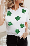 White Sequin Lucky Clover Graphic Crewneck Tee Aaria Tees