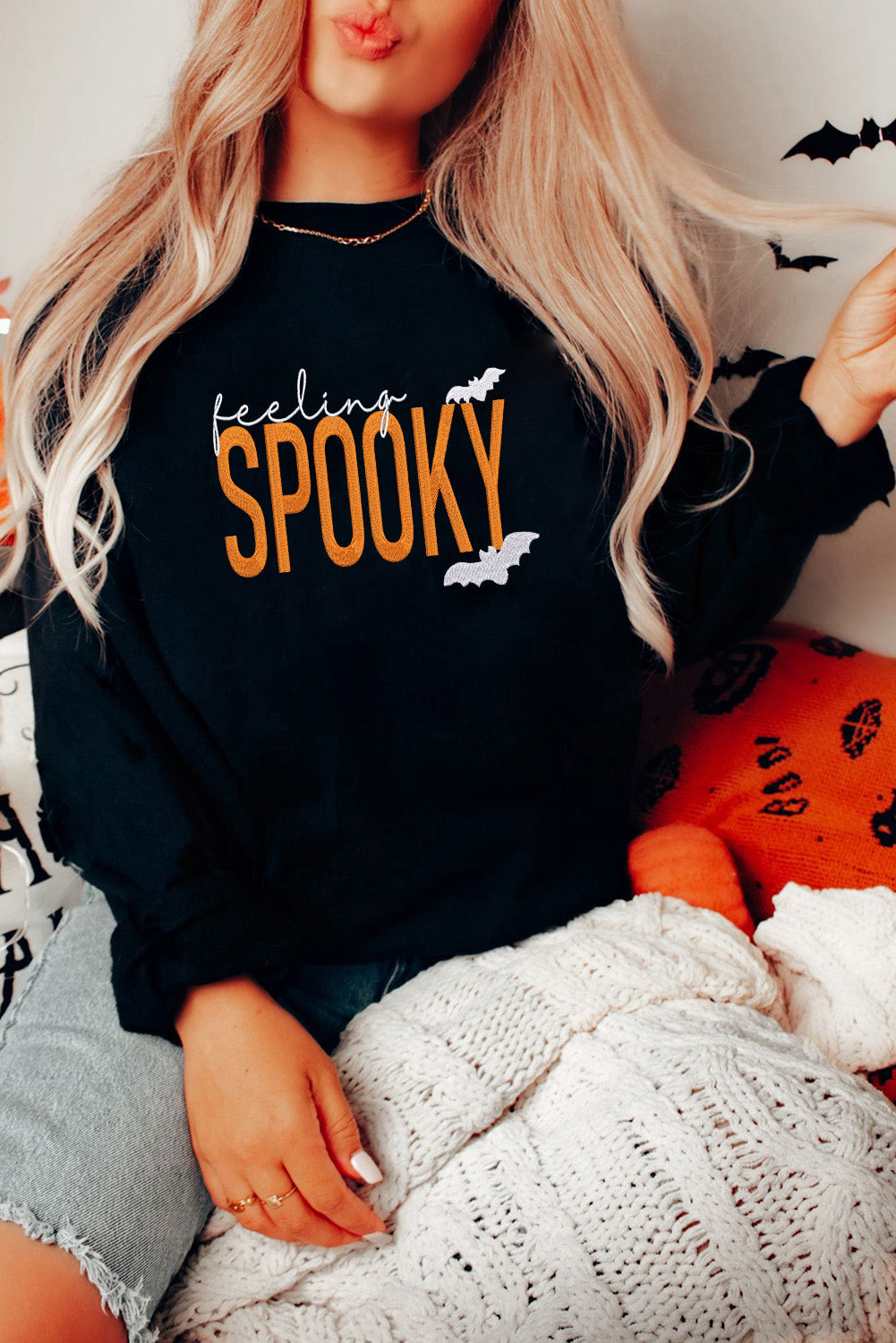 Black Feeling Spooky Halloween Embroidered Graphic Baggy Sweatshirt - Aaria Tees Aaria Tees