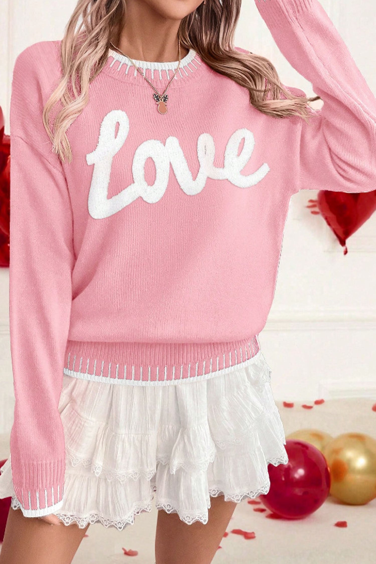 Pink Valentine Love Chenille Letter Graphic Sweater - Aaria Tees Aaria Tees