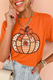 Orange Patchwork Pumpkin Graphic Print Crewneck  T-Shirt Aaria Tees