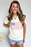 White USA Flag Bow Knot Print Round Neck T Shirt Aaria Tees