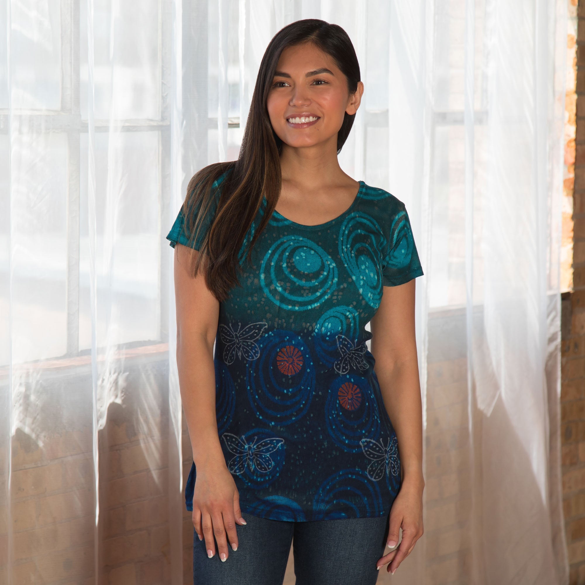 Blue Butterflies Short Sleeve Ribbed Crew Neck Tee - Aaria Tees Aaria Tees
