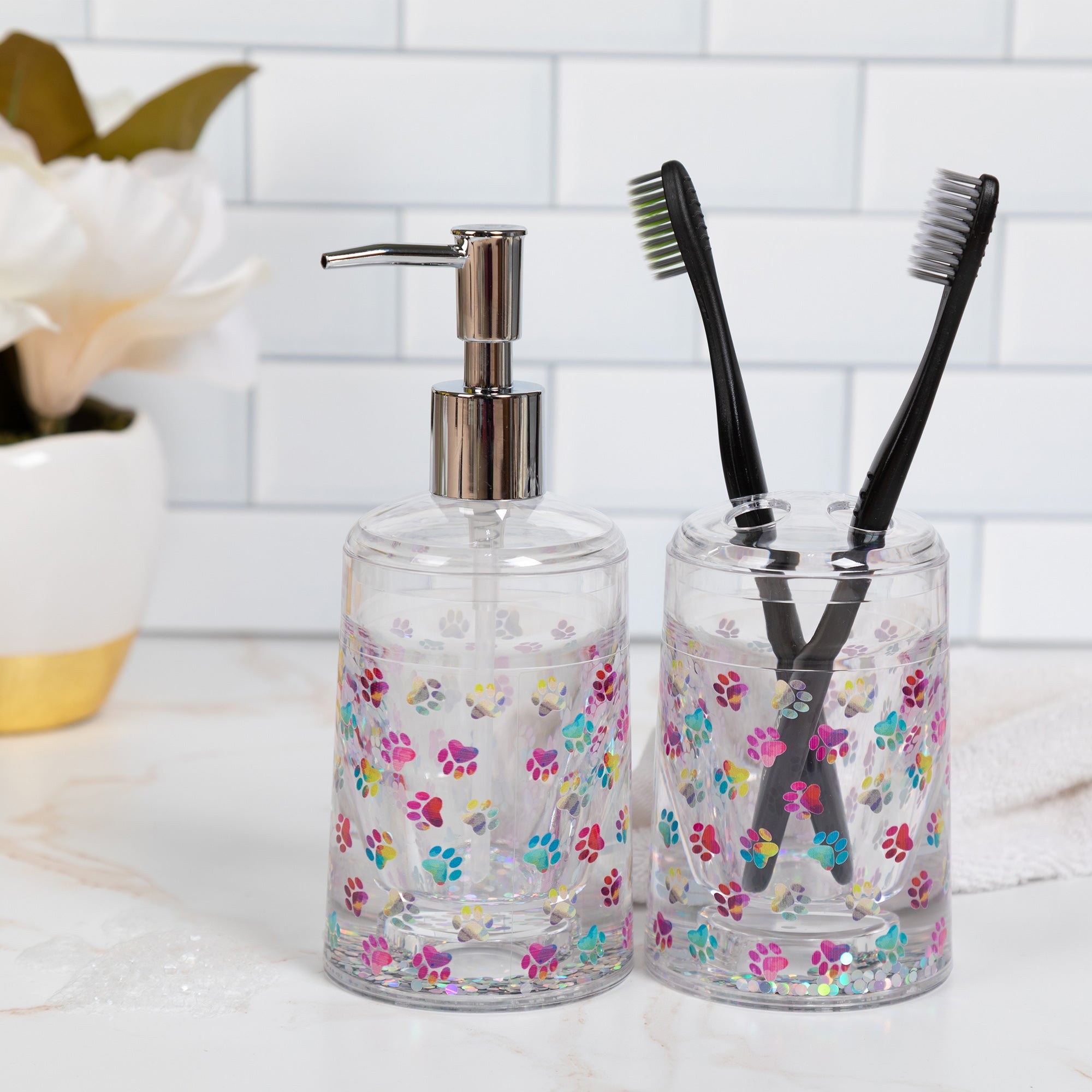 Paw Print Acrylic Soap Dispenser & Toothbrush Holder Set - Aaria Tees Aaria Tees