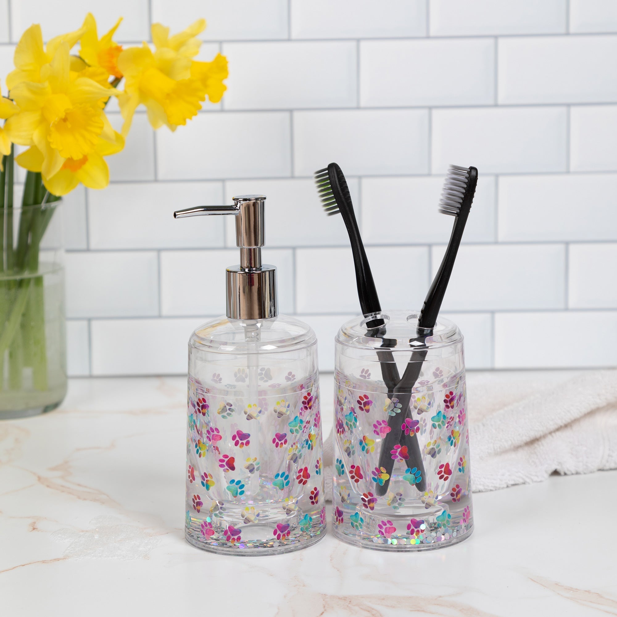 Paw Print Acrylic Soap Dispenser & Toothbrush Holder Set - Aaria Tees Aaria Tees