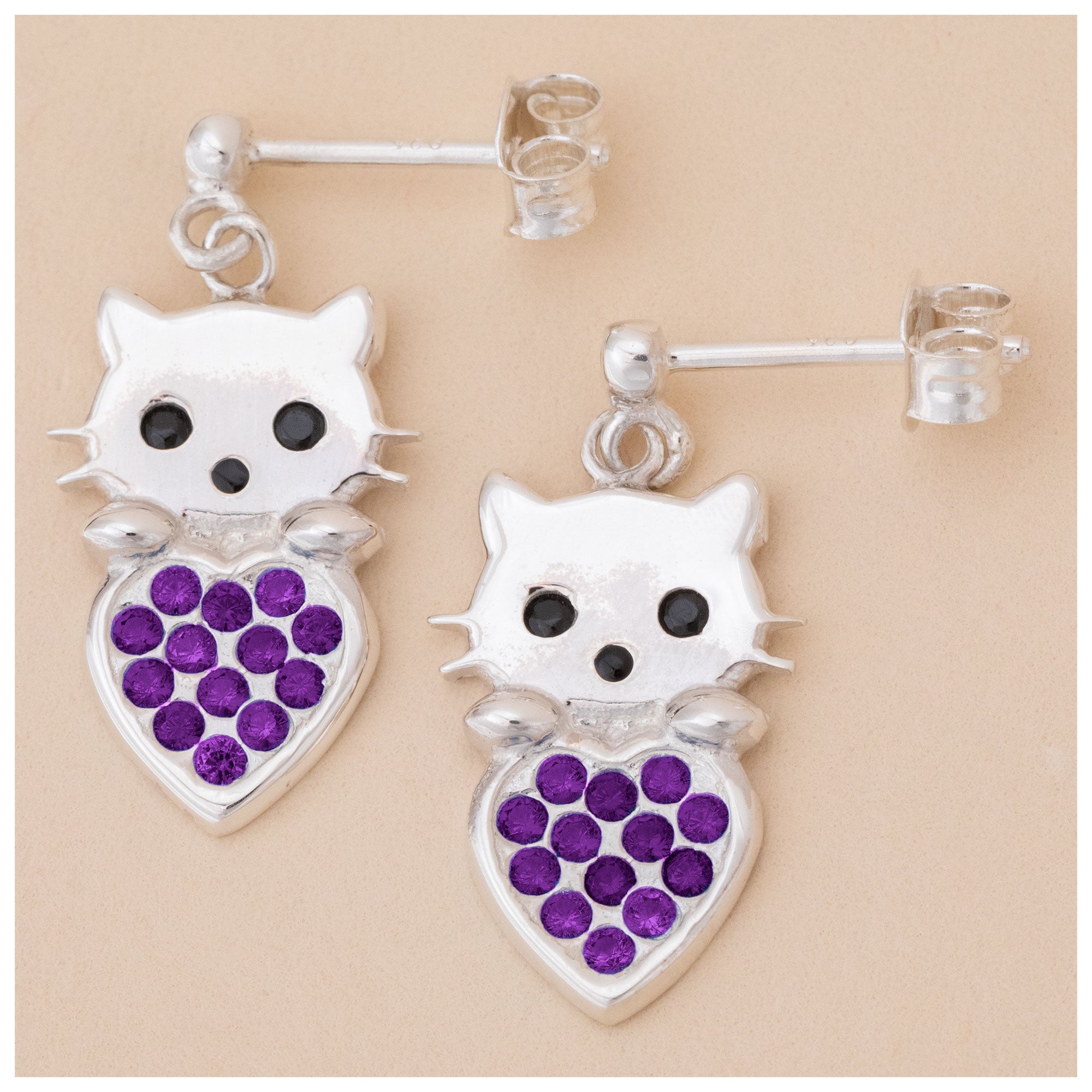 Cat & Heart Birth Month Sterling Earrings - Aaria Tees Aaria Tees