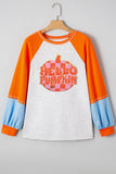 Light Grey HELLO PUMPKIN Patched Graphic Colorblock Bubble Sleeve Raglan Top Aaria Tees