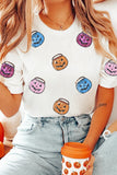 White Sequin Pumpkin Face Patched Crew Neck Holiday T Shirt Aaria Tees