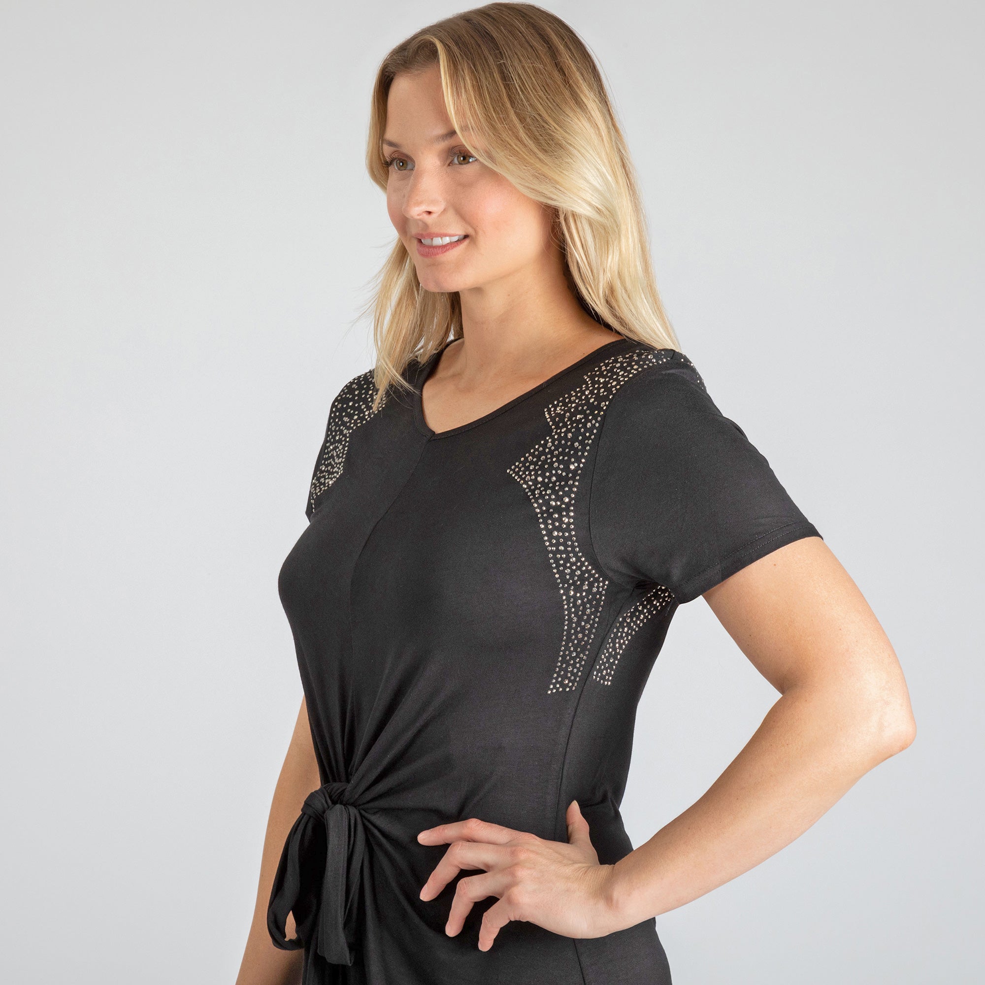 Twist Tie-Front Short Sleeve Dress with Rhinestones - Aaria Tees Aaria Tees