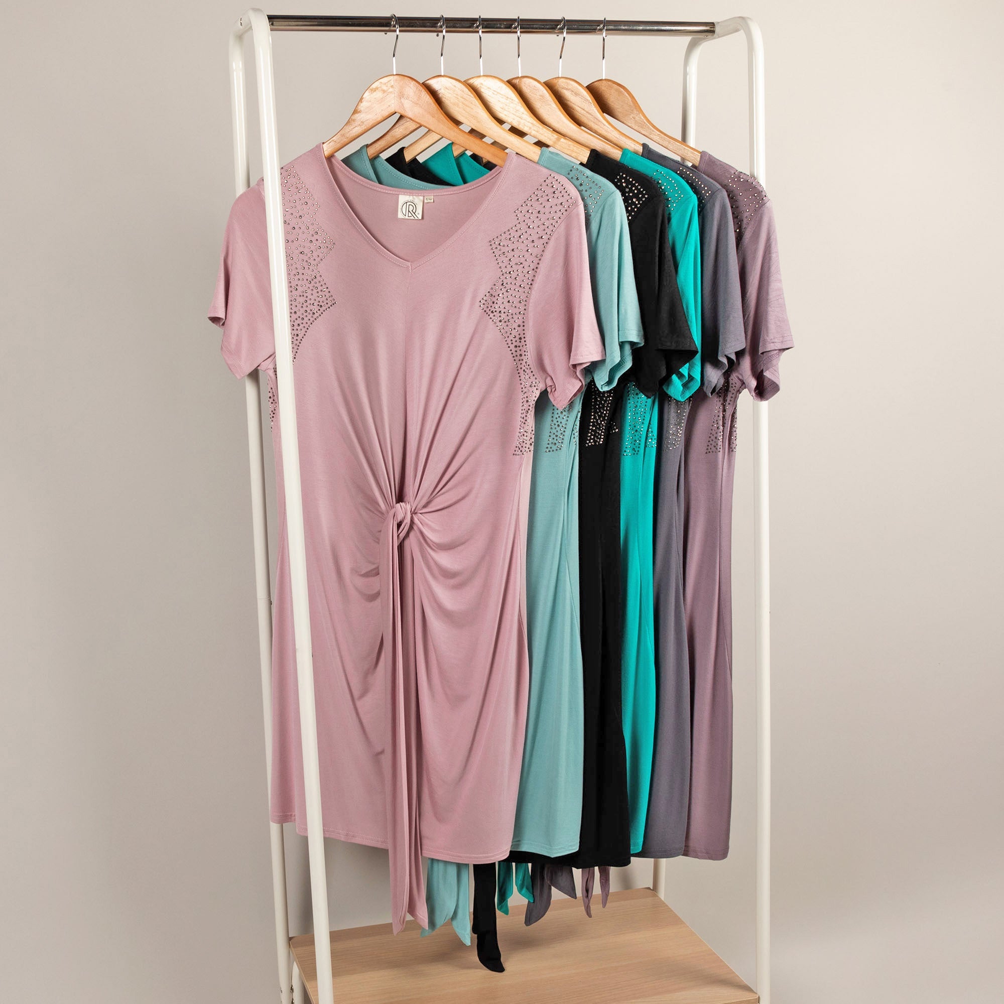 Twist Tie-Front Short Sleeve Dress with Rhinestones - Aaria Tees Aaria Tees