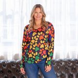 Colorful Paw Print Long Sleeve V-Neck Top - Aaria Tees Aaria Tees