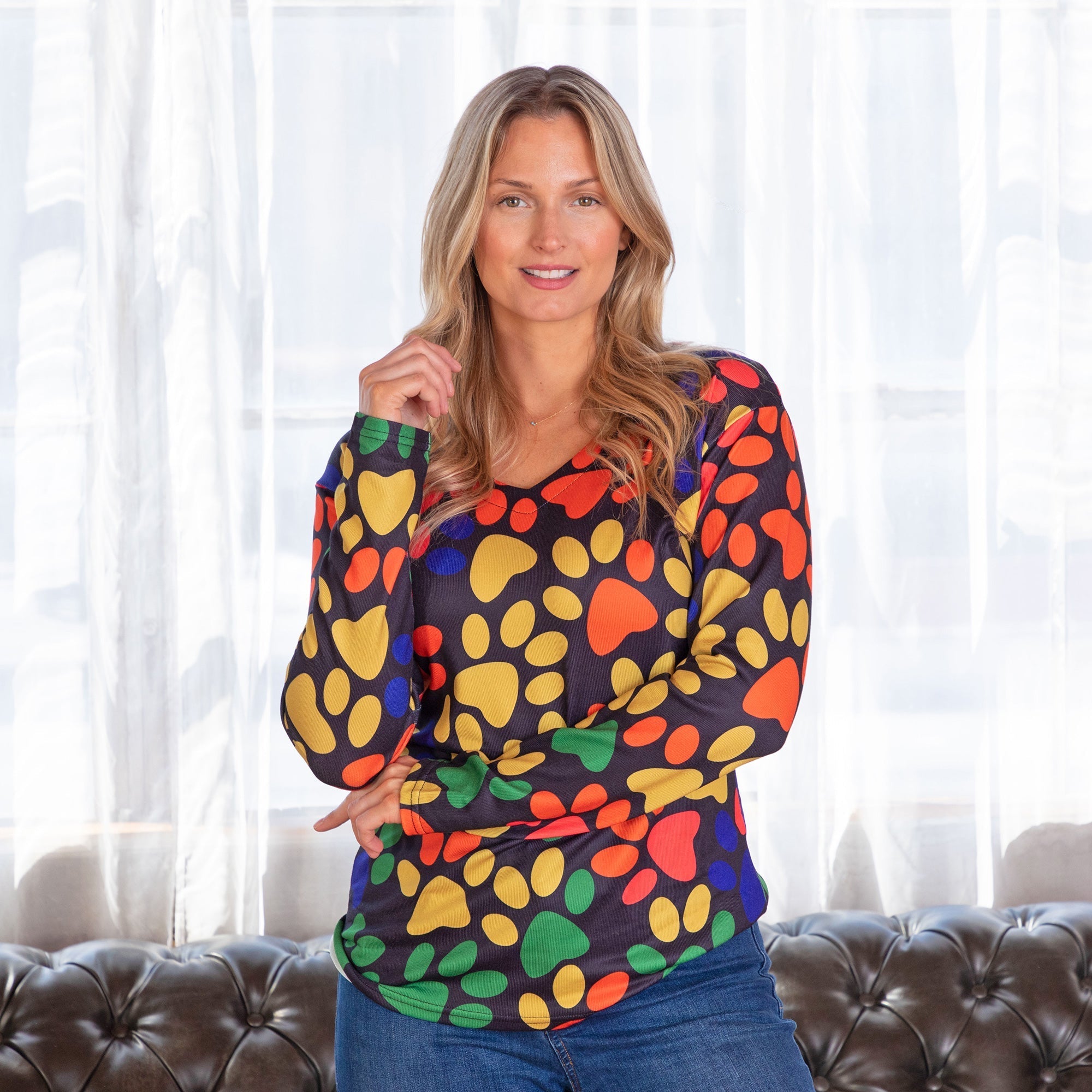 Colorful Paw Print Long Sleeve V-Neck Top - Aaria Tees Aaria Tees