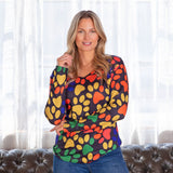 Colorful Paw Print Long Sleeve V-Neck Top - Aaria Tees Aaria Tees
