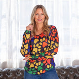 Colorful Paw Print Long Sleeve V-Neck Top - Aaria Tees Aaria Tees