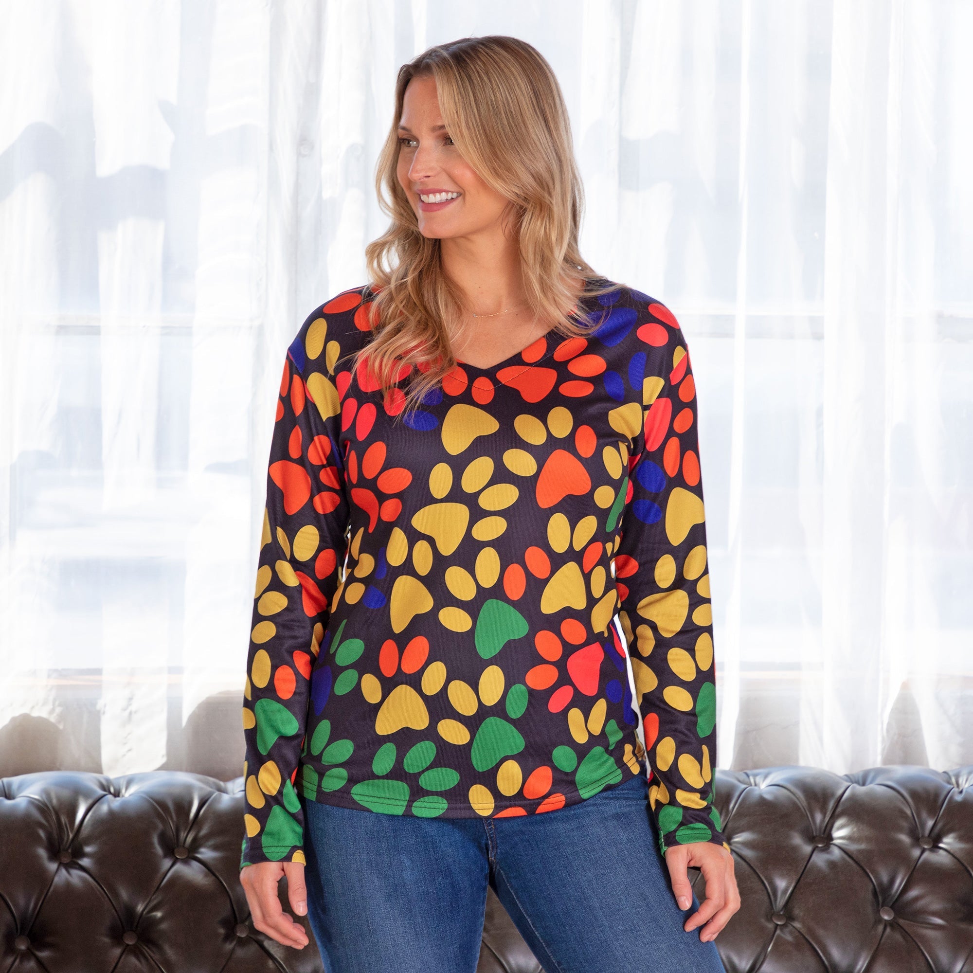 Colorful Paw Print Long Sleeve V-Neck Top - Aaria Tees Aaria Tees