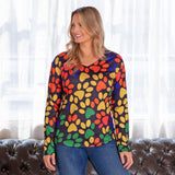 Colorful Paw Print Long Sleeve V-Neck Top - Aaria Tees Aaria Tees