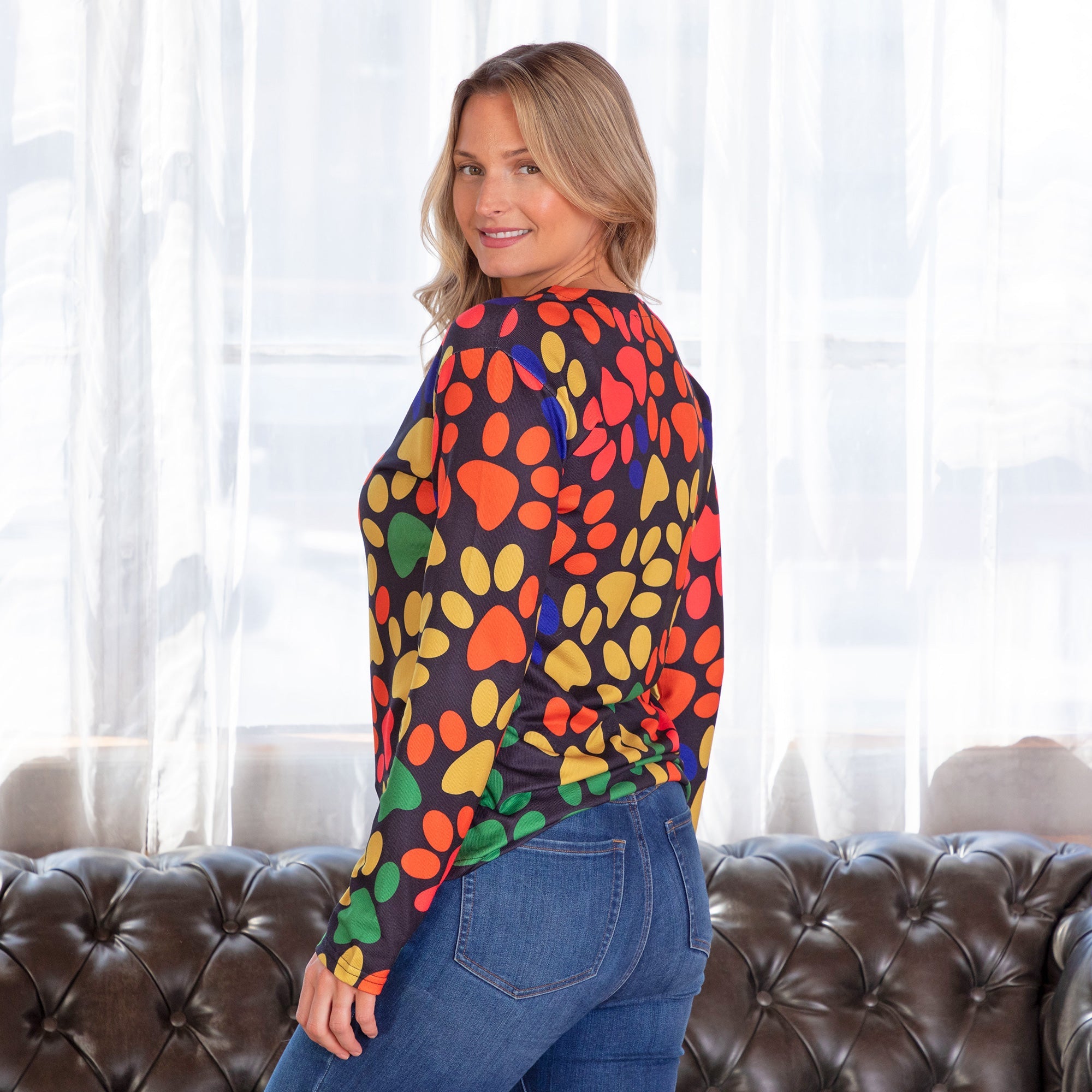 Colorful Paw Print Long Sleeve V-Neck Top - Aaria Tees Aaria Tees