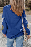 Dark Blue Corded Rib Sequin Rugby Bow Graphic Dropped Shoulder Sweatshirt - Aaria Tees Aaria Tees