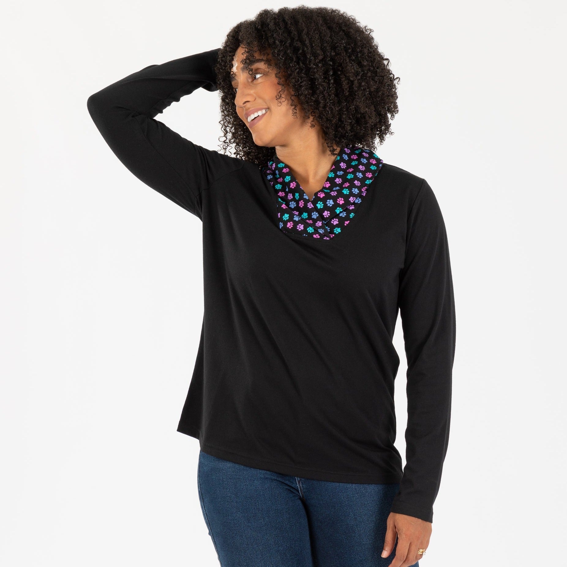 Paw Print Shawl Collar Top - Aaria Tees Aaria Tees