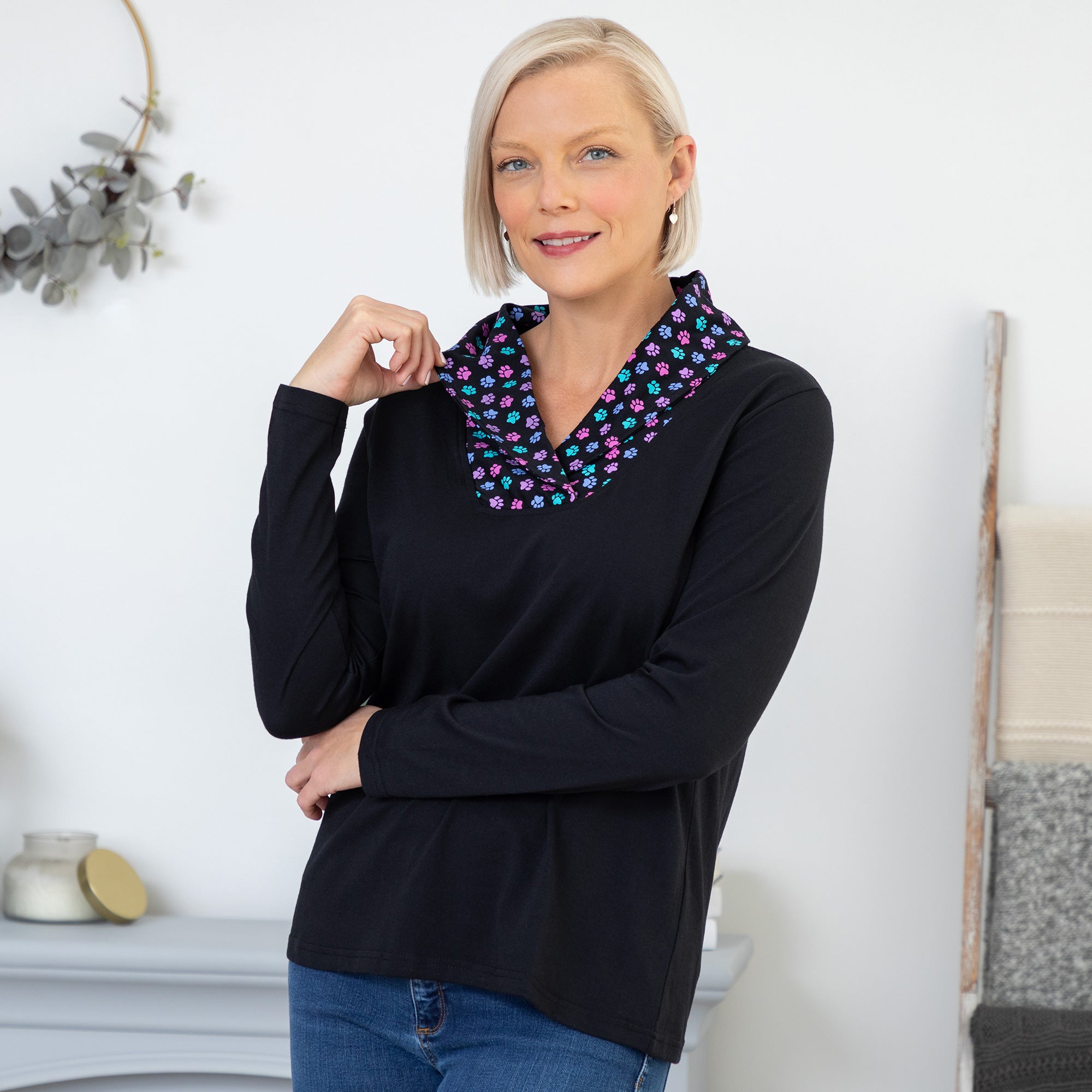 Paw Print Shawl Collar Top - Aaria Tees Aaria Tees