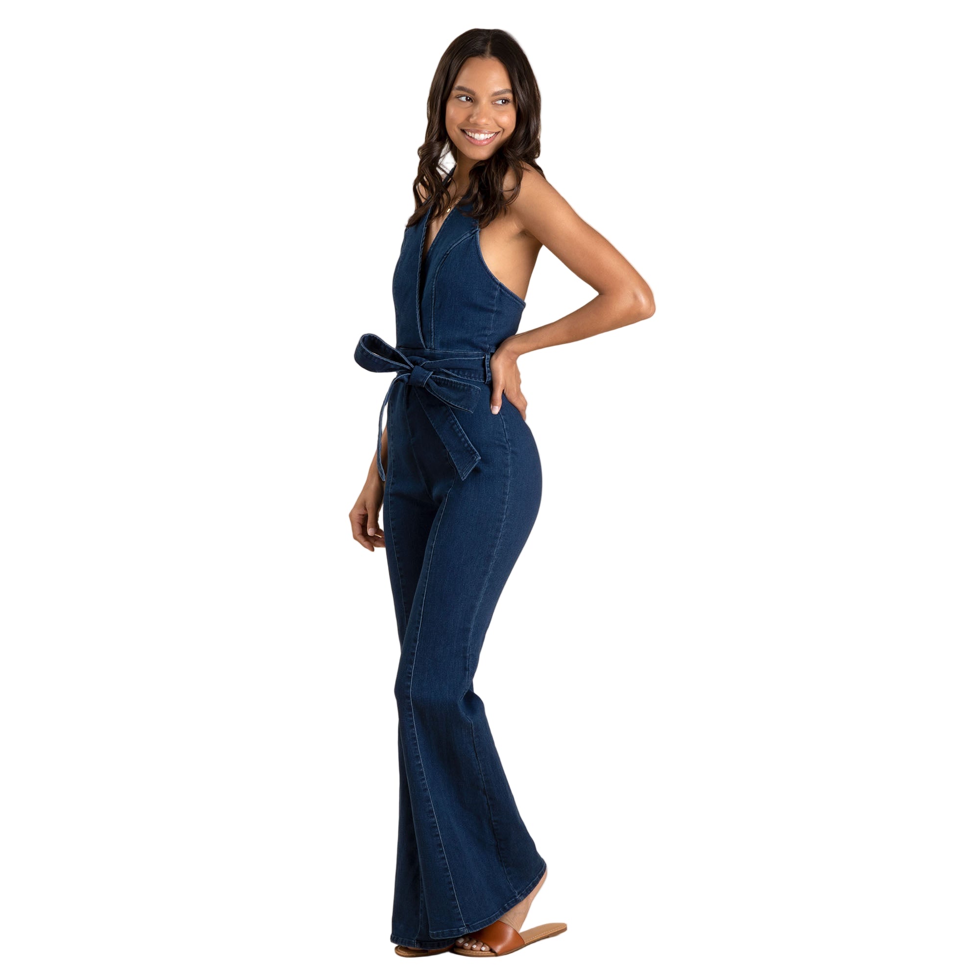 V-Neck Halter Dark Denim Jumpsuit - Aaria Tees Aaria Tees