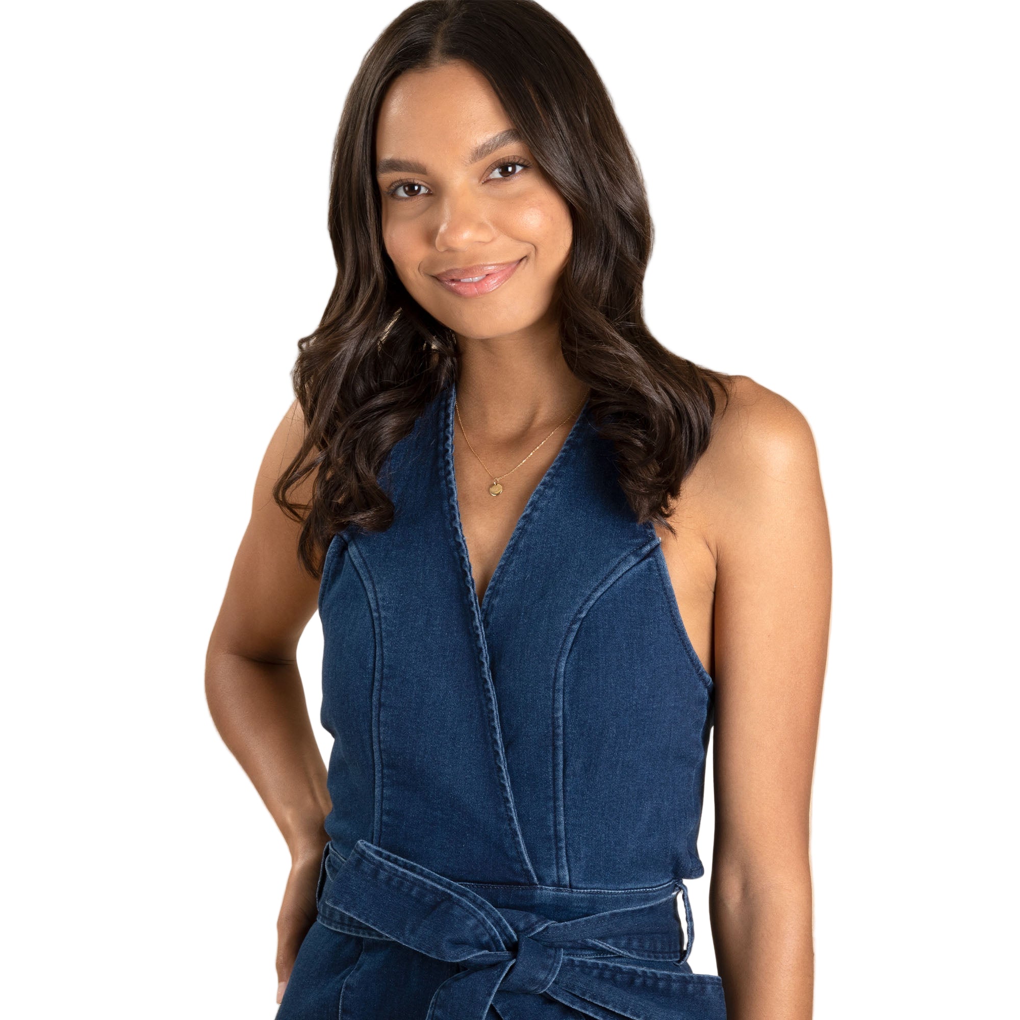 V-Neck Halter Dark Denim Jumpsuit - Aaria Tees Aaria Tees