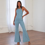 Denim Flare Leg Tie-Back Jumpsuit - Aaria Tees Aaria Tees