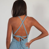 Denim Flare Leg Tie-Back Jumpsuit - Aaria Tees Aaria Tees