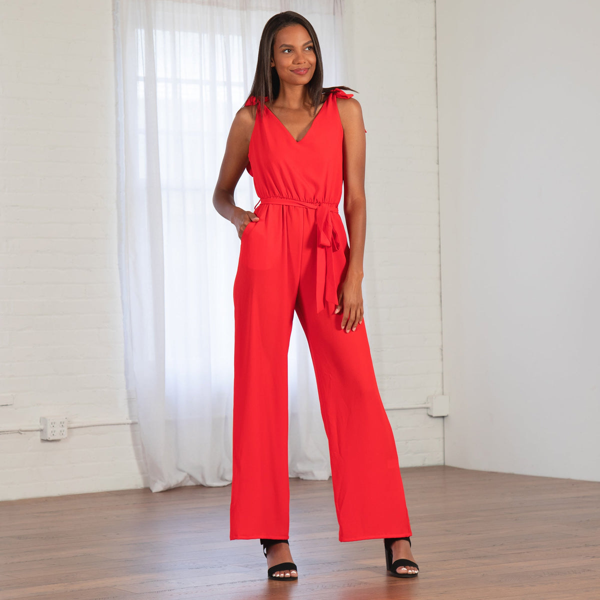 Textured Solid Tie Shoulder Jumpsuit - Aaria Tees