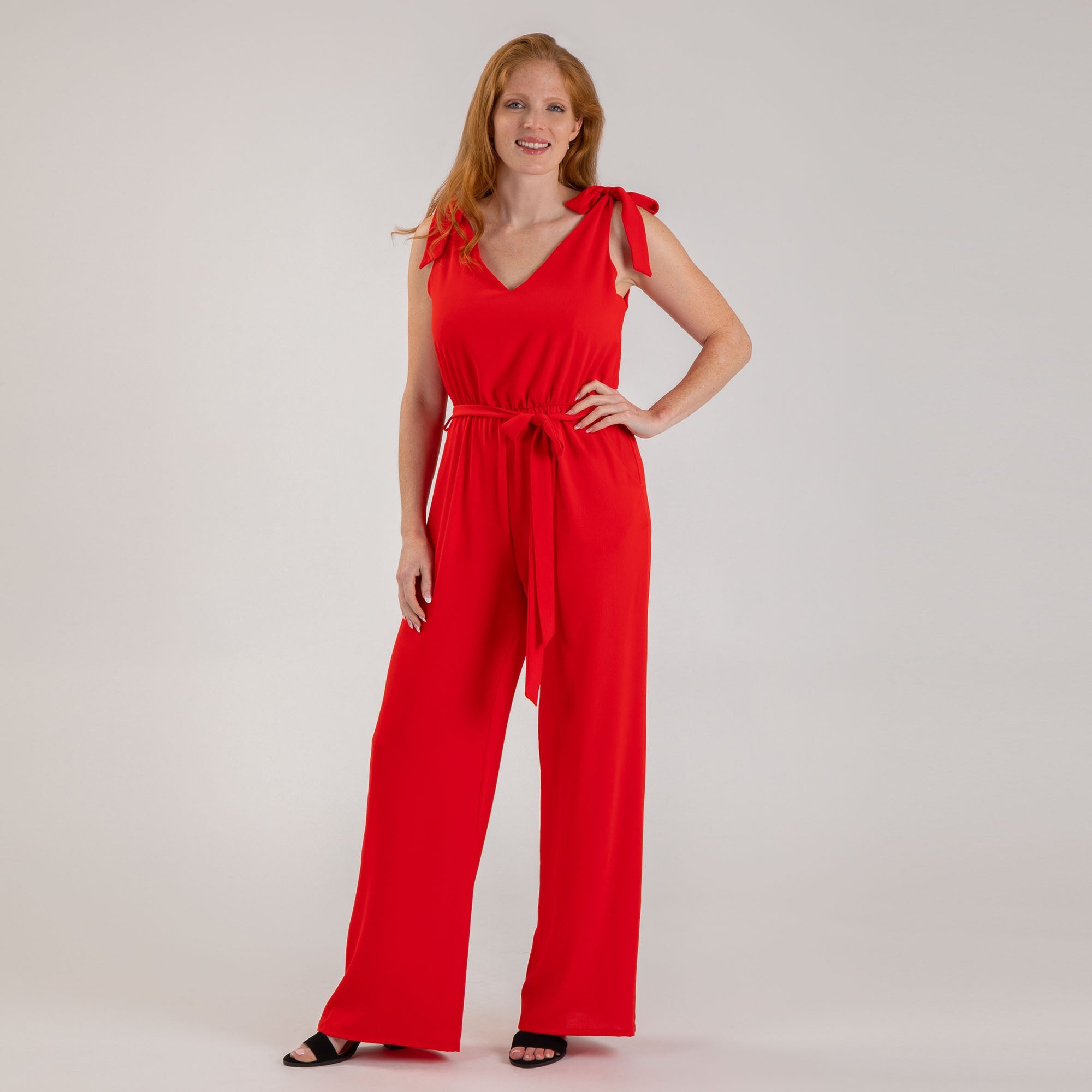 Textured Solid Tie Shoulder Jumpsuit - Aaria Tees Aaria Tees