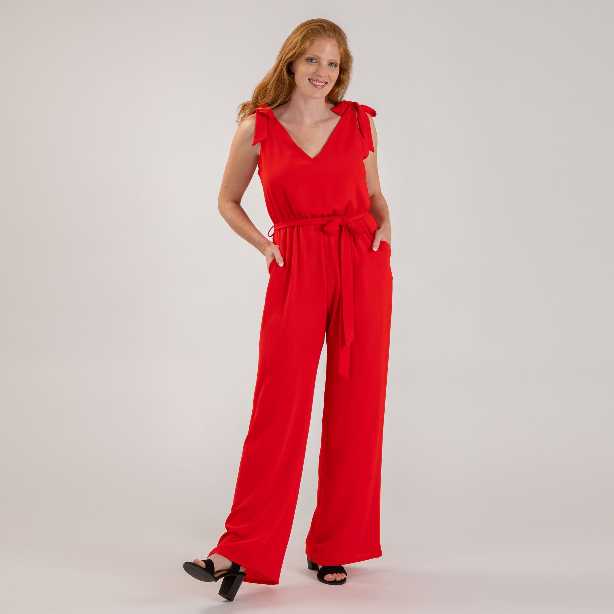 Textured Solid Tie Shoulder Jumpsuit - Aaria Tees Aaria Tees