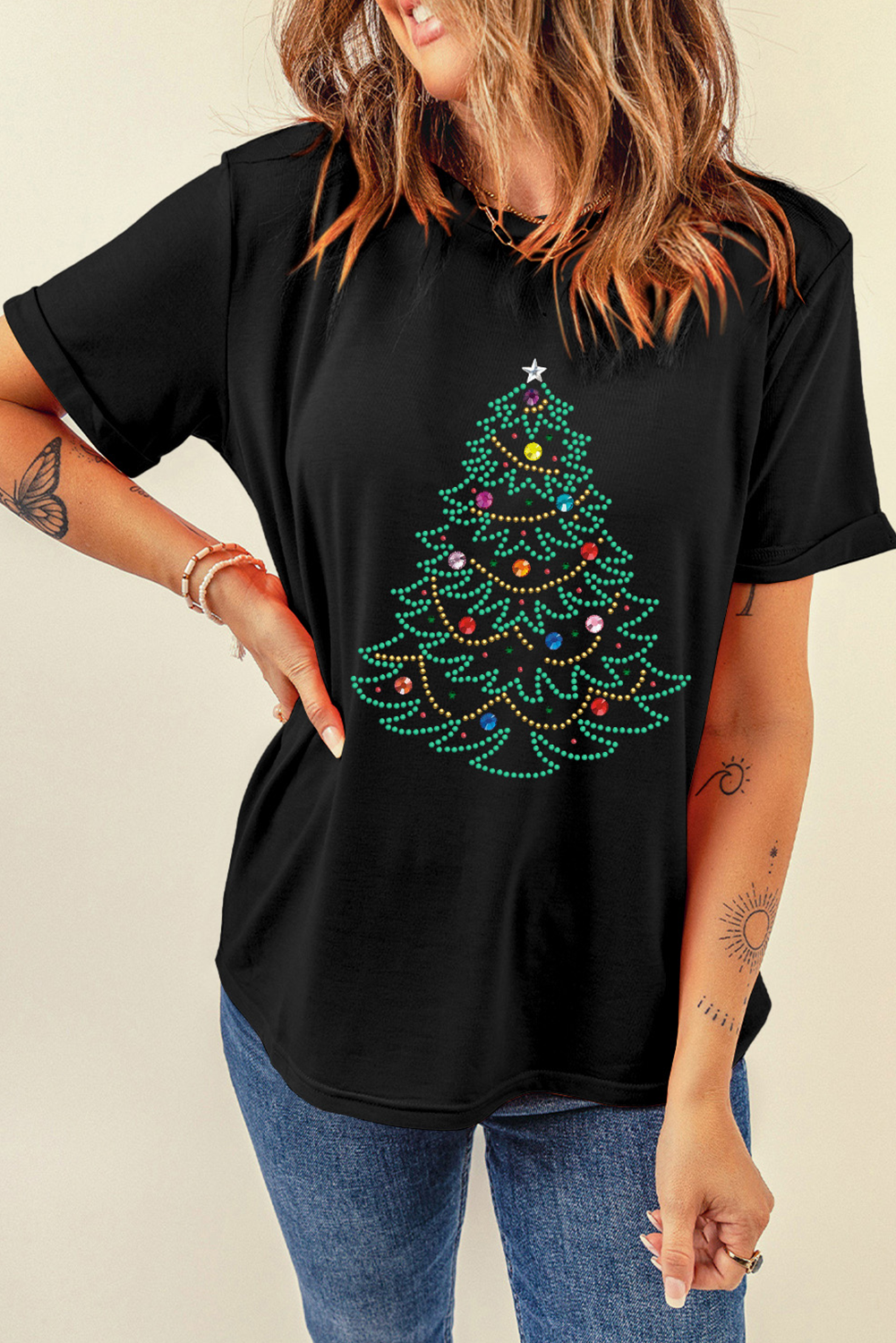 Black Rhinestone Christmas Tree Round Neck Graphic Tee - Aaria Tees Aaria Tees