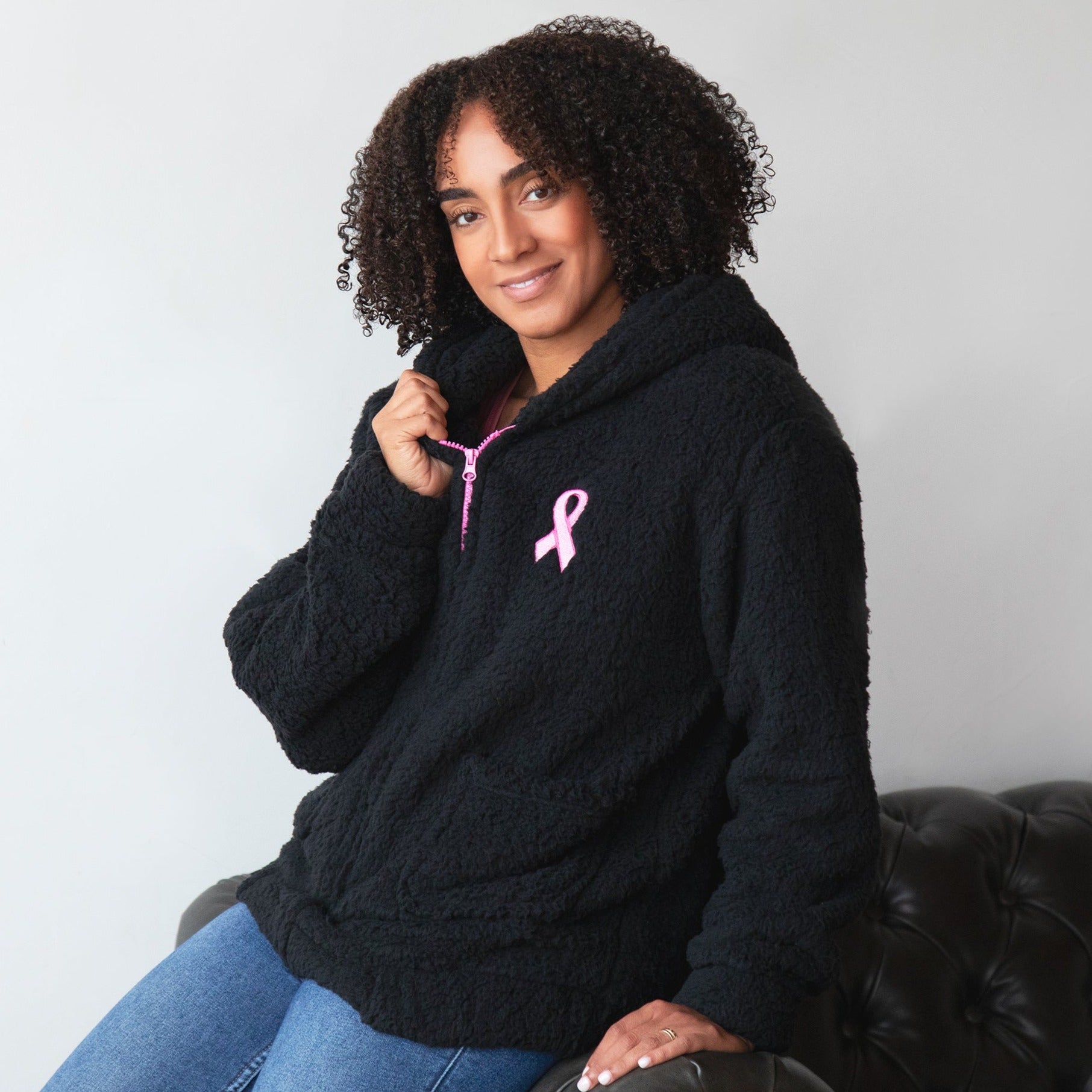Pink Ribbon Plush Sherpa Fleece Zip Up Hooded Jacket - Aaria Tees Aaria Tees