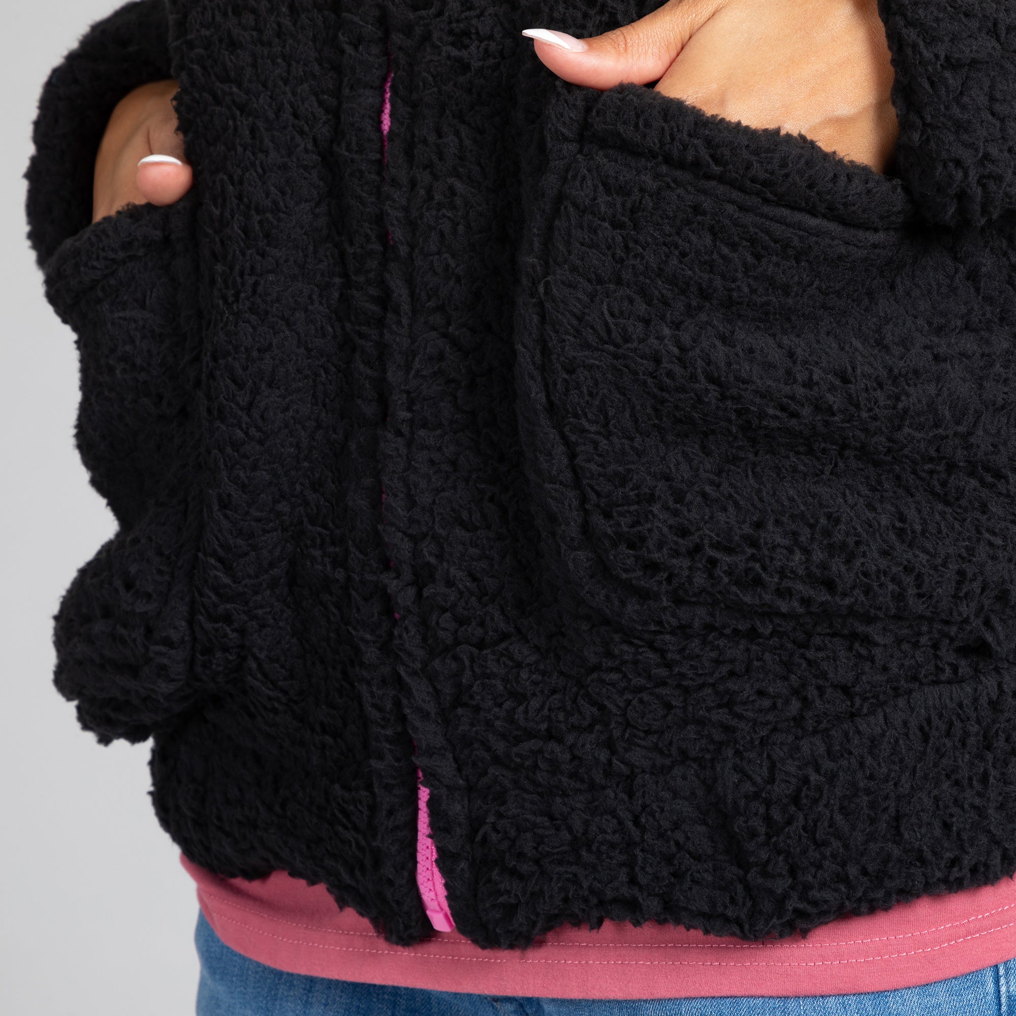 Pink Ribbon Plush Sherpa Fleece Zip Up Hooded Jacket - Aaria Tees Aaria Tees