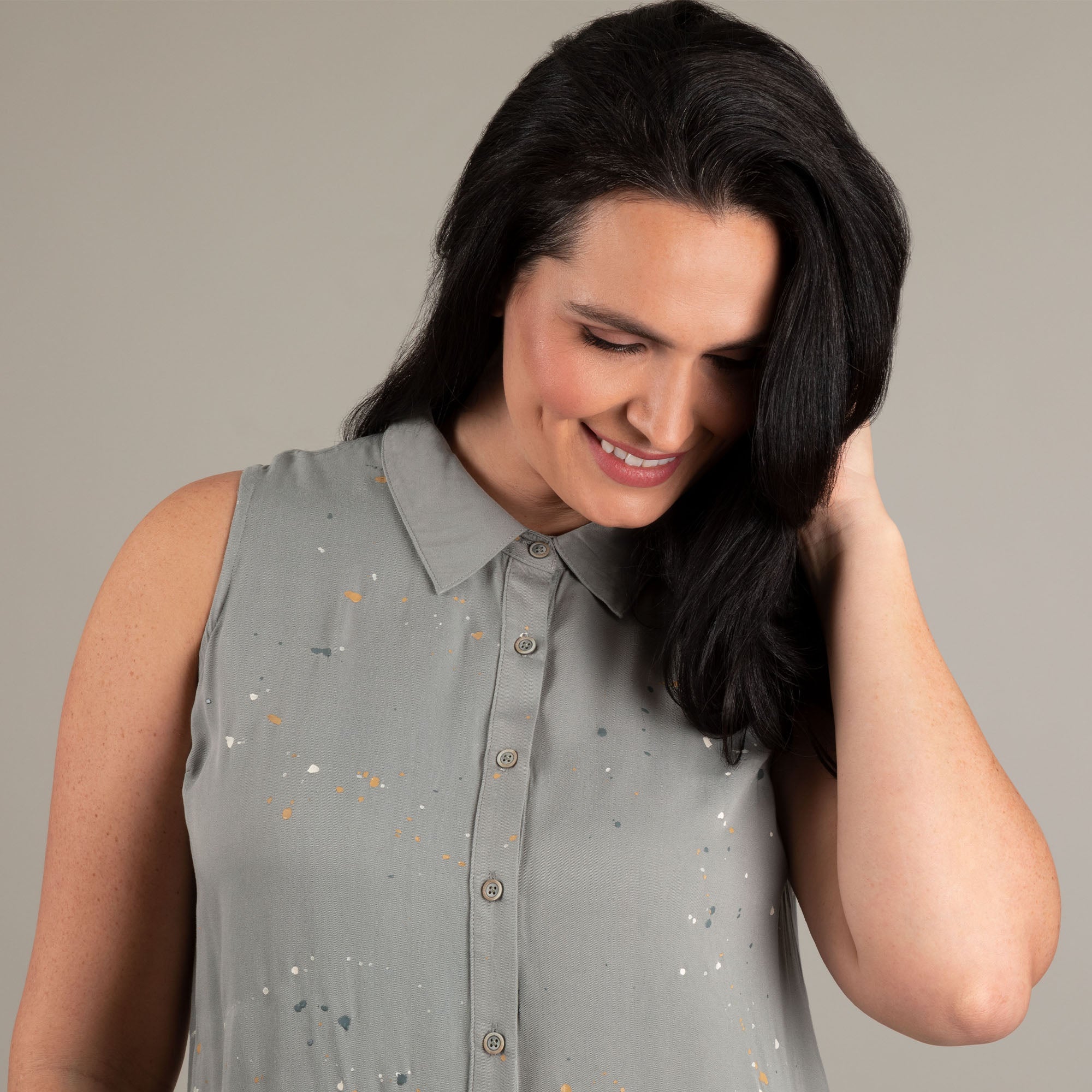 Speckled Sleeveless Button Up Peplum Top - Aaria Tees Aaria Tees