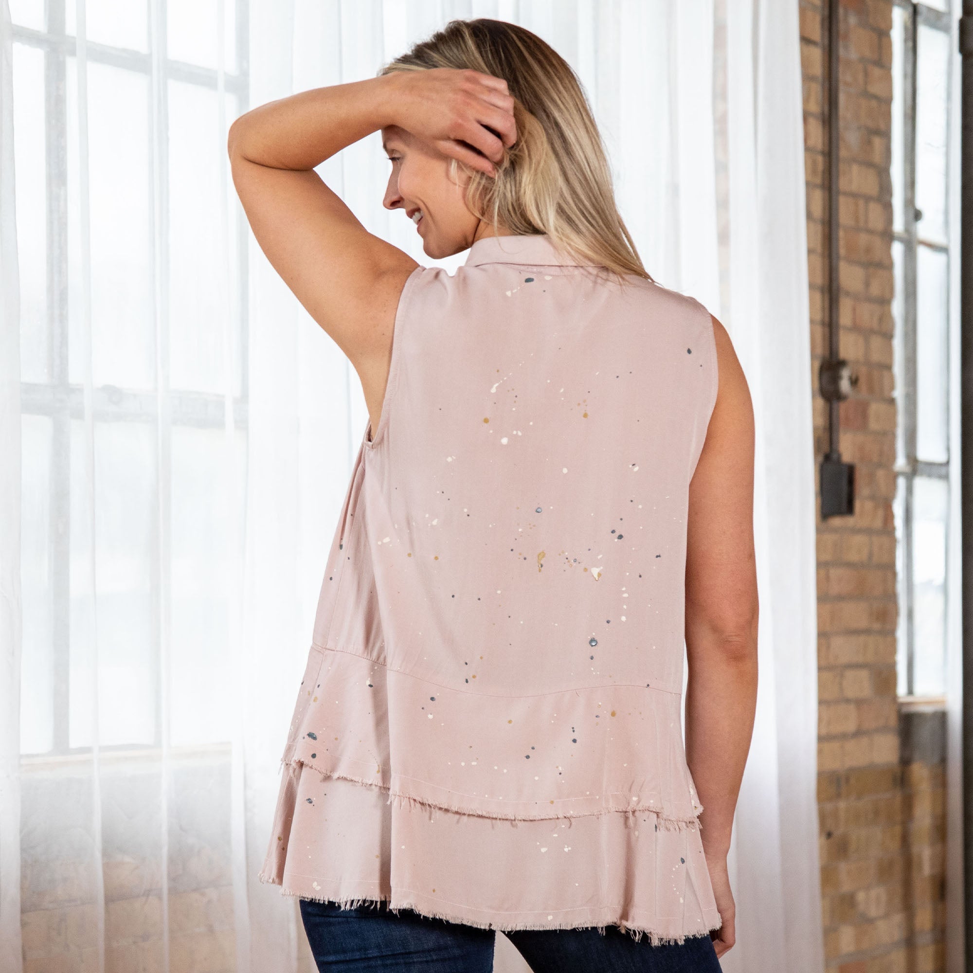 Speckled Sleeveless Button Up Peplum Top - Aaria Tees Aaria Tees