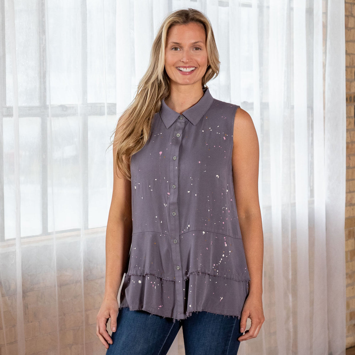 Speckled Sleeveless Button Up Peplum Top - Aaria Tees