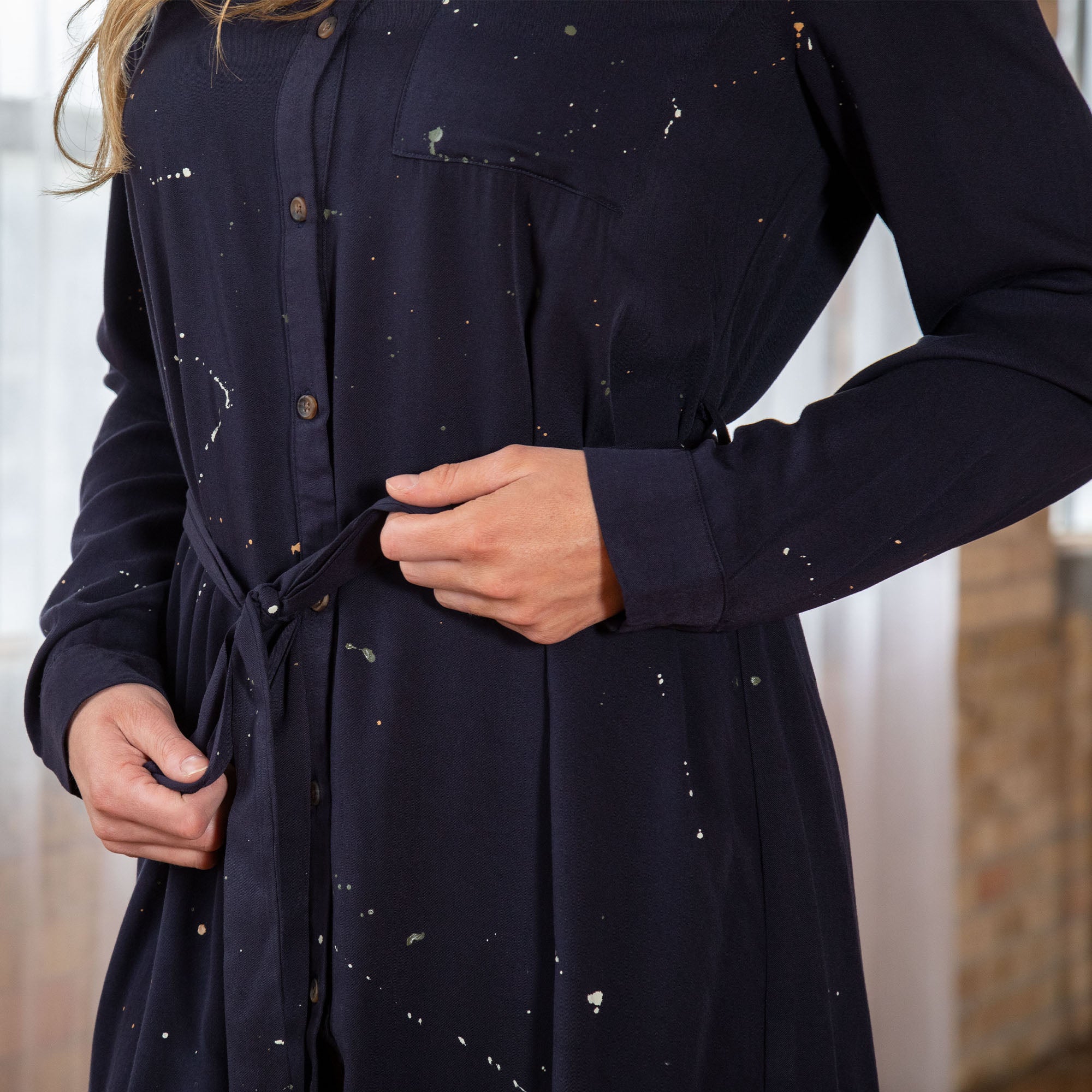 Long Sleeve Button-Up Shirt Dress with Tie Waist - Aaria Tees Aaria Tees