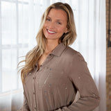 Long Sleeve Button-Up Shirt Dress with Tie Waist - Aaria Tees Aaria Tees