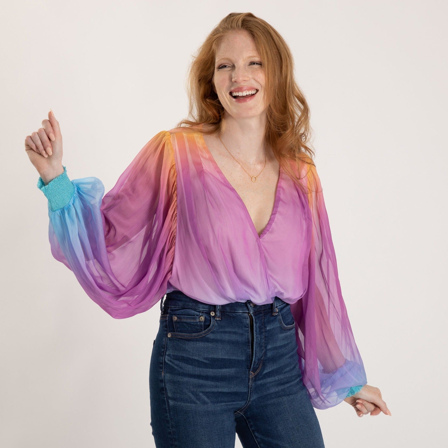 Ombre Plunge Billowy Long Sleeve Bodysuit - Aaria Tees Aaria Tees