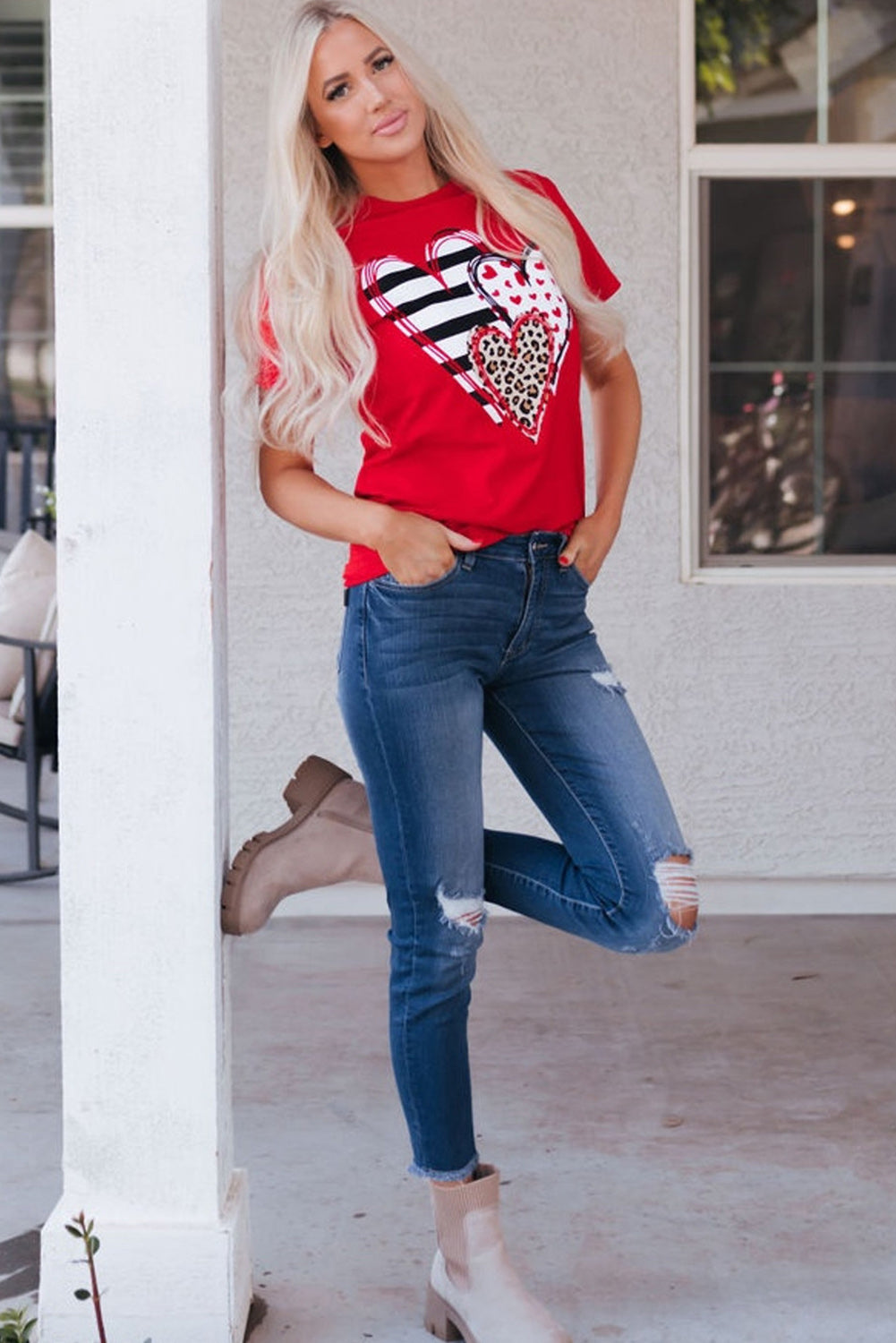 Red Leopard Striped Heart Shaped Print Crew Neck T Shirt - Aaria Tees Aaria Tees