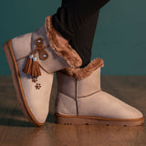 Paw Print Faux Suede Boots With Tassels - Aaria Tees Aaria Tees