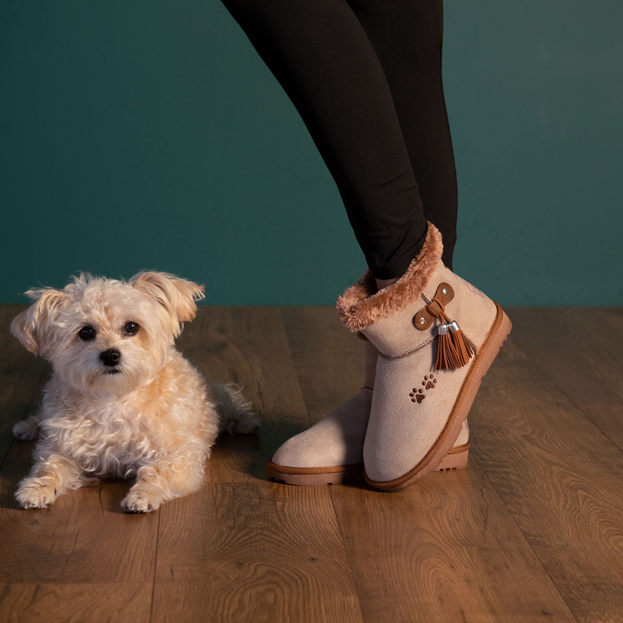 Paw Print Faux Suede Boots With Tassels - Aaria Tees Aaria Tees