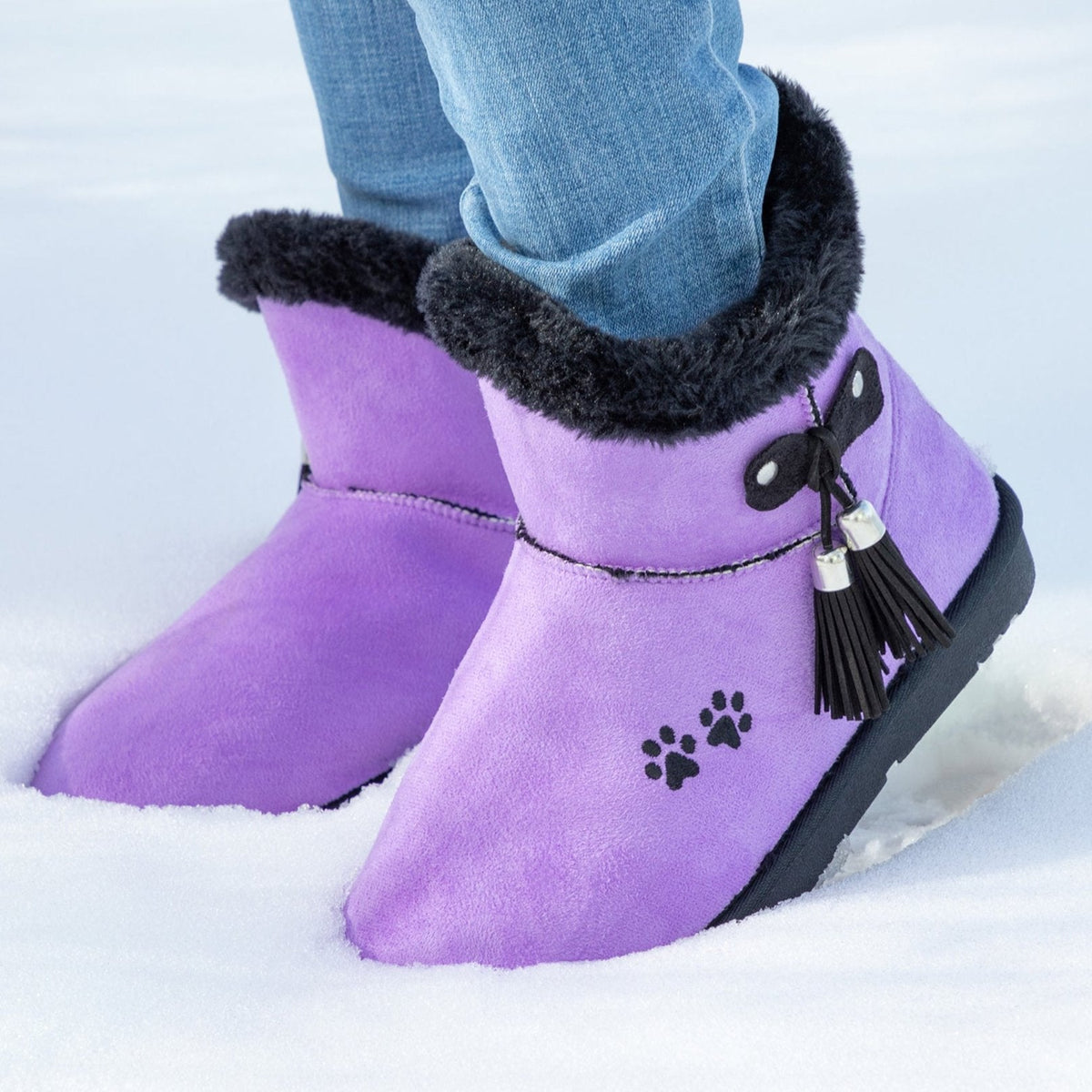 Paw Print Faux Suede Boots With Tassels - Aaria Tees