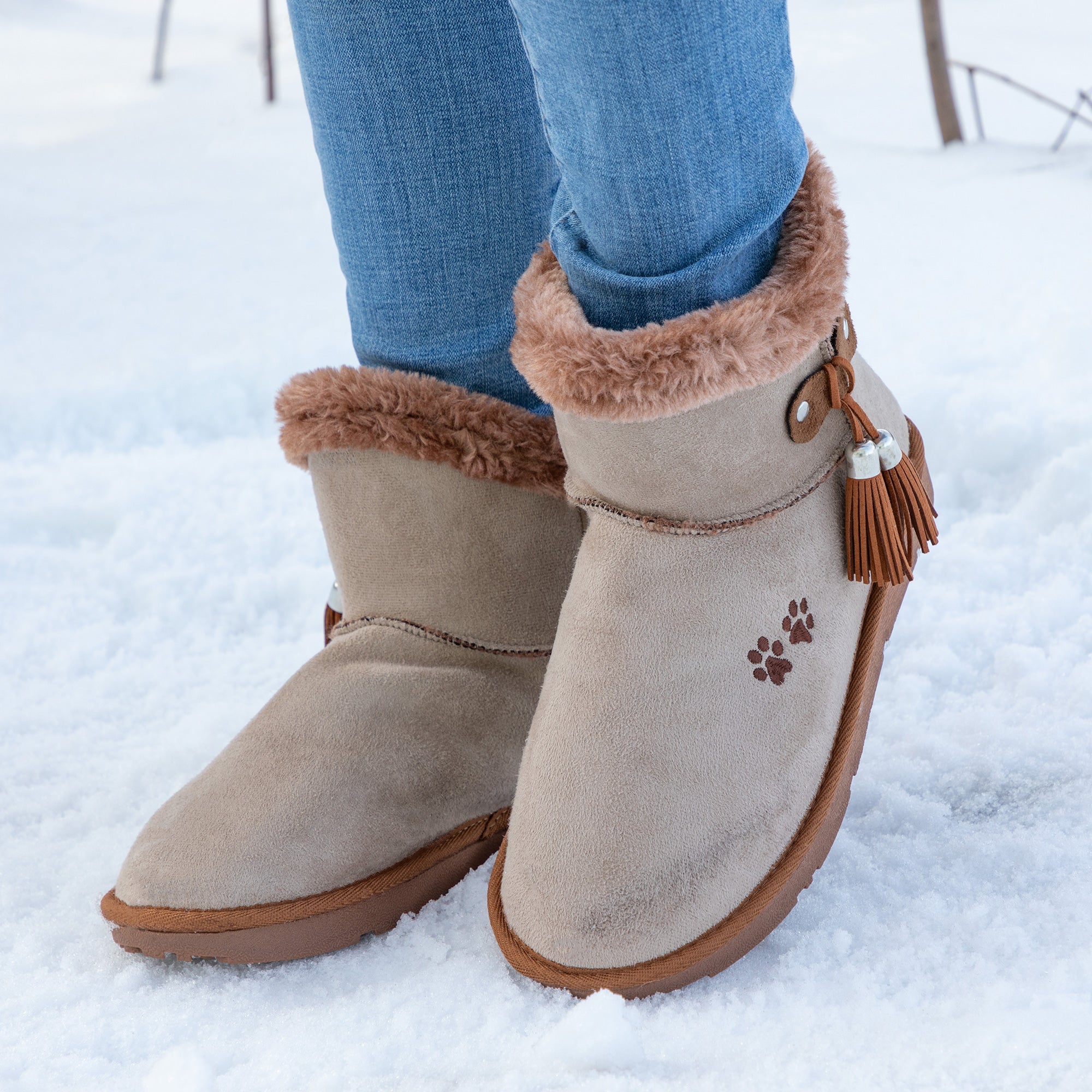 Paw Print Faux Suede Boots With Tassels - Aaria Tees Aaria Tees