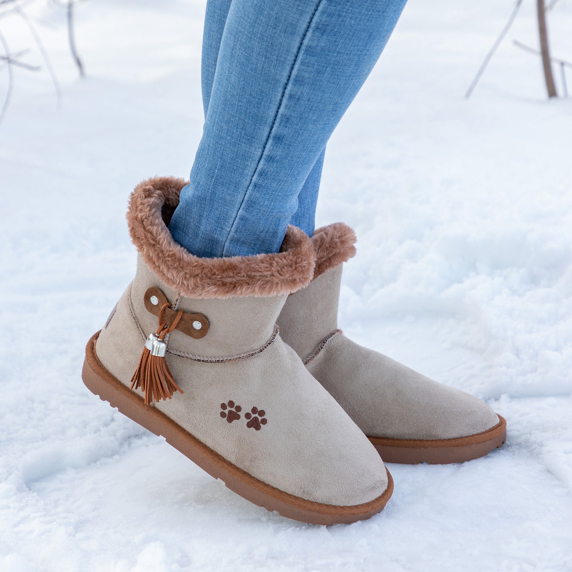Paw Print Faux Suede Boots With Tassels - Aaria Tees Aaria Tees