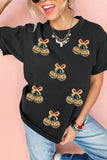Black Sequin Pumpkin Cherry Graphic Round Neck Casual T Shirt Aaria Tees