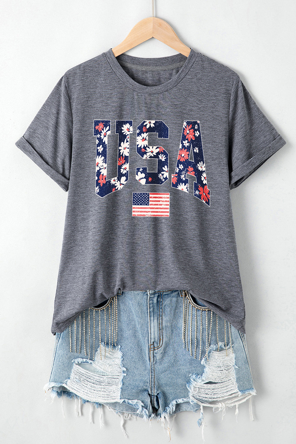 Gray Blooming USA Flag Print Casual T Shirt - Aaria Tees Aaria Tees